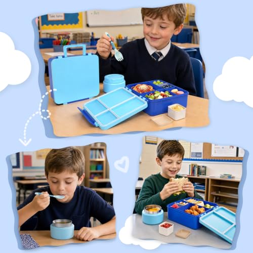Image of Kids Lunch Box 4 Compartment Bento with 8oz Food Jar,Blue