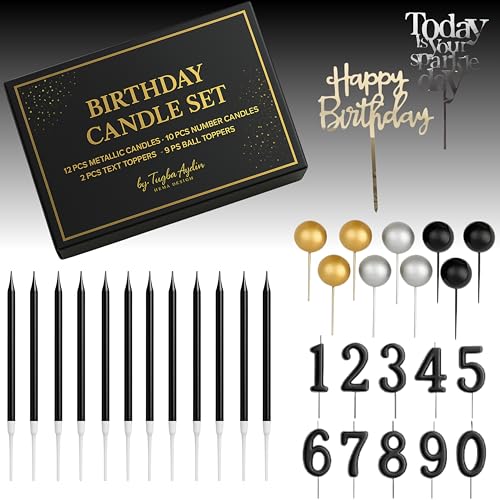by Tugba Aydan - 33 Pcs Black Birthday Candle Set with Number Candles 0–9, Metallic Long Candles, Ball & Text Toppers – Complete Cake Decoration Kit for Kids & Adults Birthday Party by by tuğba aydan home design - Used condition - US$7.34