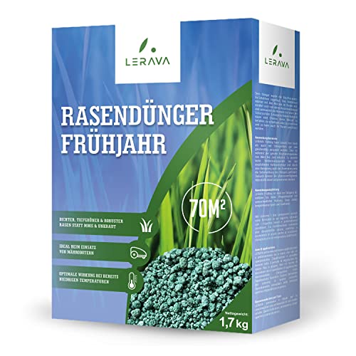 LERAVA Rasendünger Frühjahr - Langzeitdünger - dichter, tiefgrüner & robuster Rasen statt Moos & Unkraut - Ideal beim Einsatz von Mährobotern - 70m² Cover