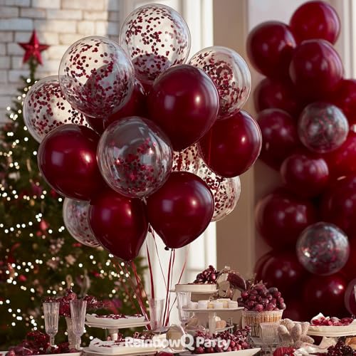 Image of Burgundy Latex Balloons: 55Pcs 12 inch Maroon Confetti Party Balloons and Dark Red Helium Latex Balloon Ribbons for Birthday Graduation Wedding Valentine's Day Decoration