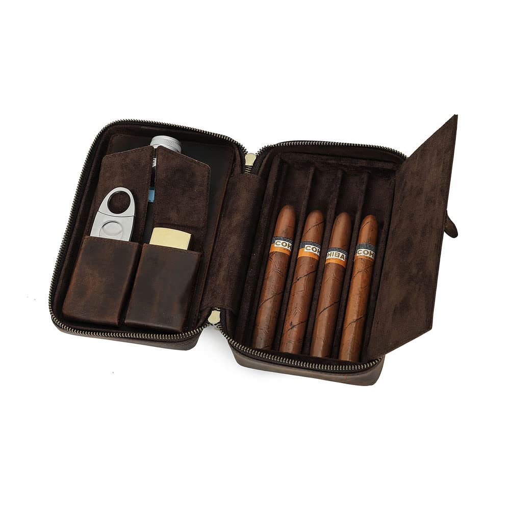 CONTACTSCigar Humidor Crazy Horse Leather Travel Cigars Box 4 Finger Cigars Clutch Organizer with Cigar Cutter Slot Lighter Slot for Home
