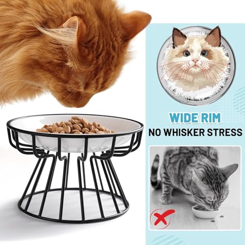 Image of Elevated Cat Plate Set - Whisker Friendly Anti-Vomit Shallow Ceramic Raised Cat Plates with Metal Stand, Anti-Slip Feeding Station Cat Bowls for Indoor Whisker Friendly