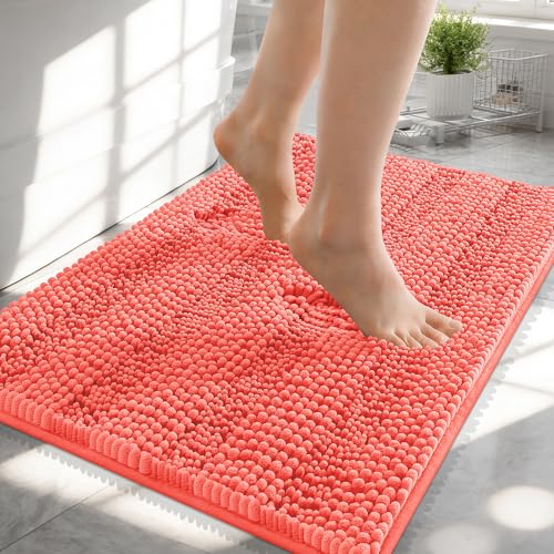 Image of OLANLY Thick Small Bathroom Rugs 24x16, Extra Soft Absorbent Chenille Striped Bath Rugs, Rubber Backing, Machine Wash, Bath Mats for Bathroom Floor, Tub and Shower, Home Decor Accessories, Coral