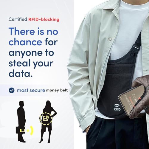 crossbody money belt for travel women amp men hidden travel wallet pouch - slim passport holde rfid blocking neck wallet under clothes to protect cash credit cards and documents black