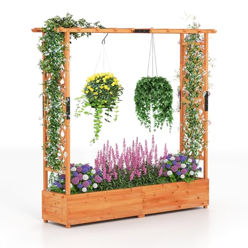 COSTWAY Jardinière Surélevée avec Treillis et Toit Suspendu, Jardinière Exterieur Grande Taille en Bois avec Trou Drainage pour Plante Grimpante, Carre...