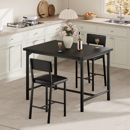 GarveeHome Dining Table Set for 2 W/Footrest & Backrest, Counter Height Table with 2 Upholstered Bar Chairs, Kitchen Table Set with Corner Protector, for Small Space, Black