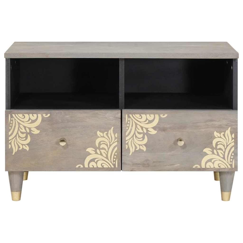 Mueble de TV gris de madera de mango macizo 70x33x46 cm con asas de latón