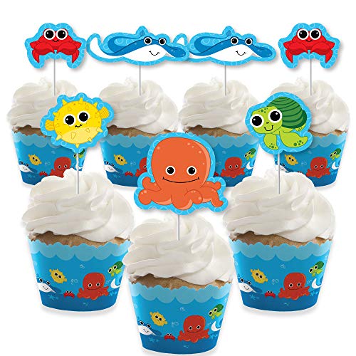 Big Dot of Happiness Under the Sea Critters Cupcake Decoration Baby Shower or Birthday Party Cupcake Wrappers and Treat Picks