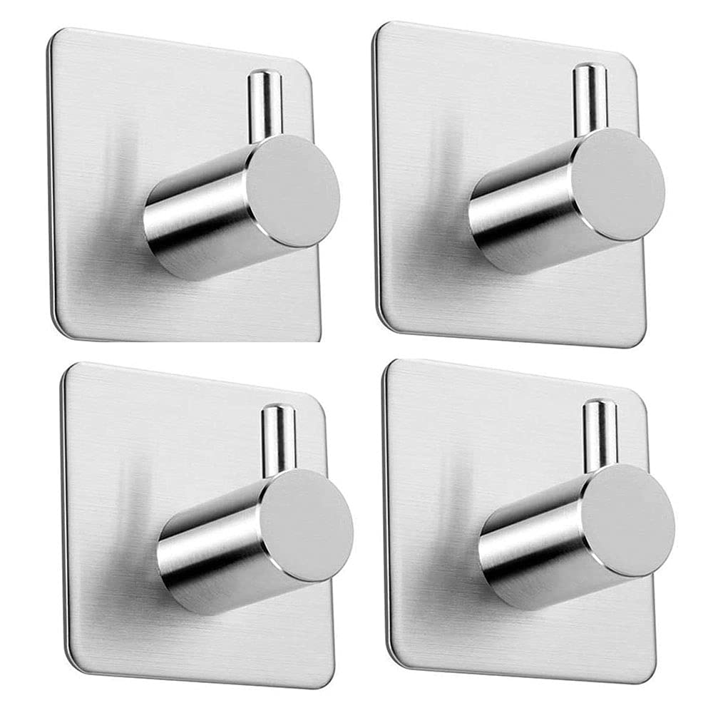 Towel Hooks, Strong Stainless Steel Holder, KUBEMOOM Adhesive Hooks Hangers Wall Hooks for Kitchen, Bathroom, Office and Home Door (Silver, Square)