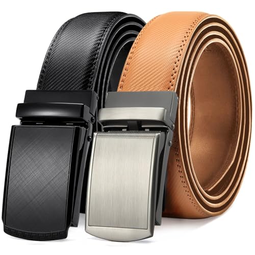 Set of 2 Leather Ratchet Dress Belt for Men with Automatic Buckle