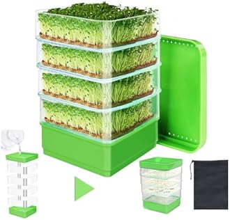 4-Tier Seed Sprouting Kit with Drain Holes and Drain Tray, Upgrade Stackable Microgreens Fresh Organic Bean Seed Sprouter Tray Ripple Soil-Free Sprouter Tray for Beans Alfalfa Seeds