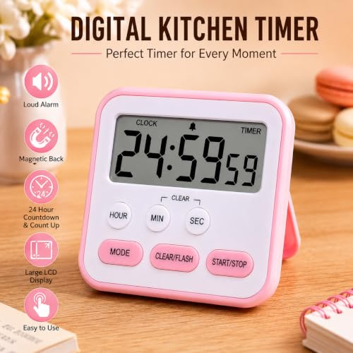 Image of LENTRAO Digital Kitchen Timer with Loud Alarm | Magnetic Back, Foldable Stand & Hanging Hook | Large LCD Countdown & Count Up Timer for Cooking, Baking, Study, Classroom, Gym & Office | Pink