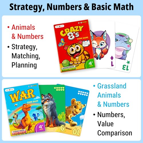 Image of Upgraded Kids Card Games Pack, 6 Decks, Go Fish, Old Maid, Crazy Eights, Memory Match, Slap Jack, War, Playing Cards, Easter Basket Stuffers, Stocking Stuffers | Go Fish, Old Maid, Crazy Eights, Memory Match, Slap Jack, War. For family nights, travel, stocking stuffers, 4+