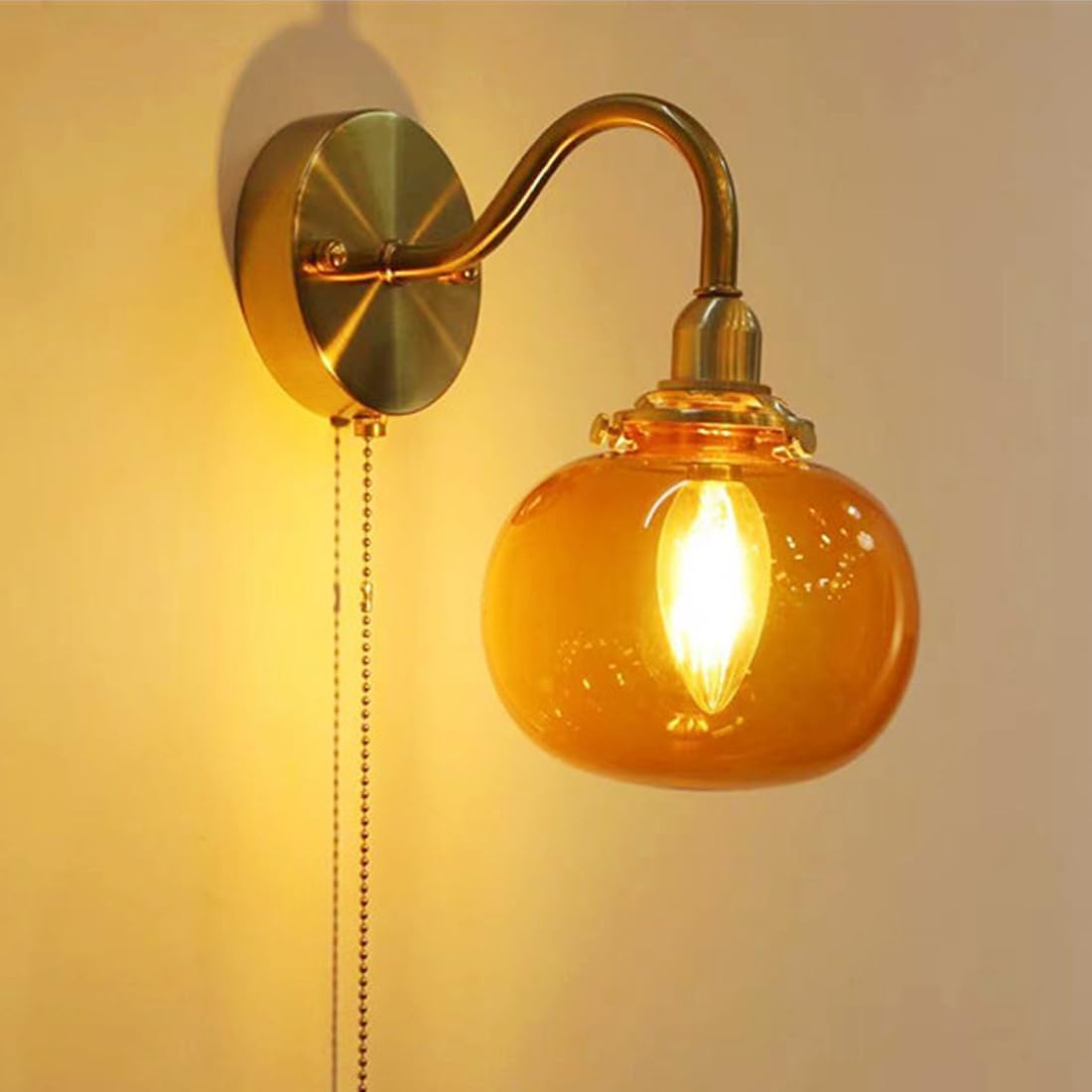 Nowoczesny Szklany Kinkiet Ścienny Z Łańcuszkiem, Zabytkowa Złota Ścienna W Stylu Farmhouse, Industrialna Lampka Nocna Z Przewodami Do Sypialni, Łazienki, Toaletki, Salonu I Przedpokoju/Poma