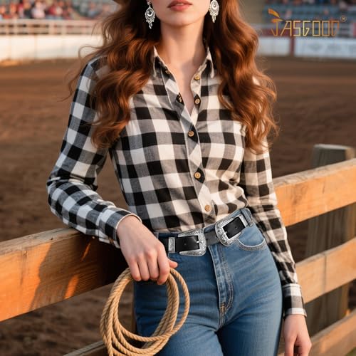 Image of JASGOOD Double Buckle Western Belts for Woman Cowgirl Country Belt Vintage Black Leather Belt for Jeans Pants Dresses