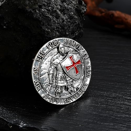 Image of Knights Templar Ephesians 6:13-17 Red Cross Design Round Brooch, Alloy, Gold-Plated and Silver-Plated
