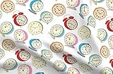 Spoonflower Fabric - Retro Clock White Background Printed on Organic Cotton Sateen Fabric Fat Quarter - Sewing Quilting Apparel Home Decor