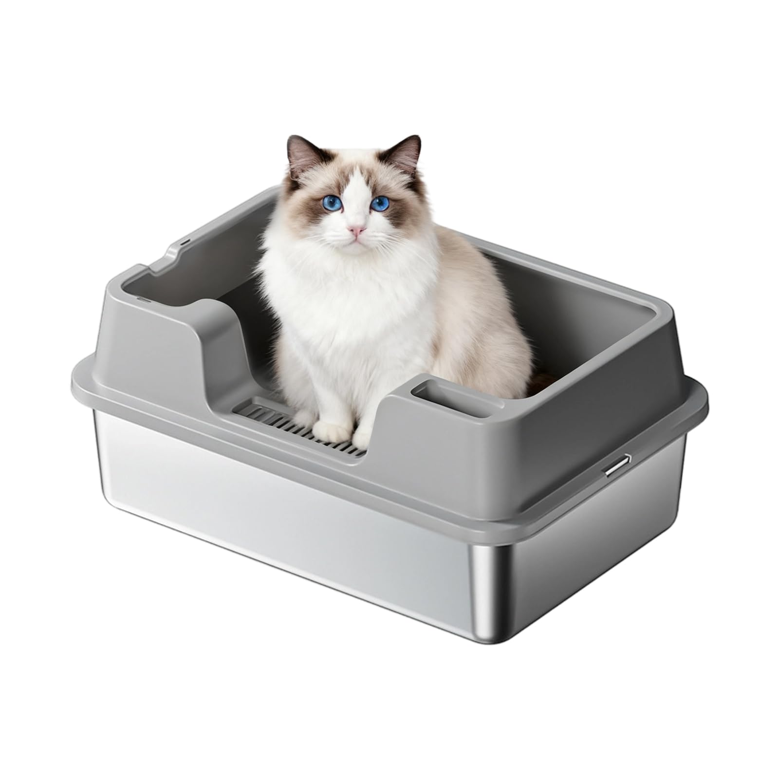 Aptliton Stainless Steel Cat Litter Tray with Leak-Proof Edge, 60×40×27cm Large Metal Litter Box with Litter Catching Grid, High Sided Anti-Splashing Cat Toilet for Multi Cats Indoor Use, Grey