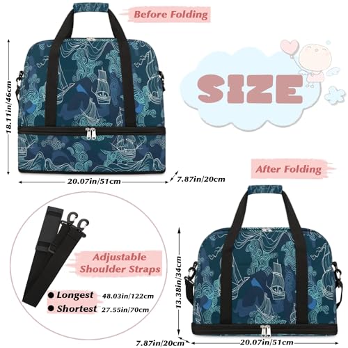 Travel Duffel Bag with Shoe Compartment, Sailing Ships Shoulder Weekender Bags for Women, Foldable Waterproof Travel Bag Carry on Bag2