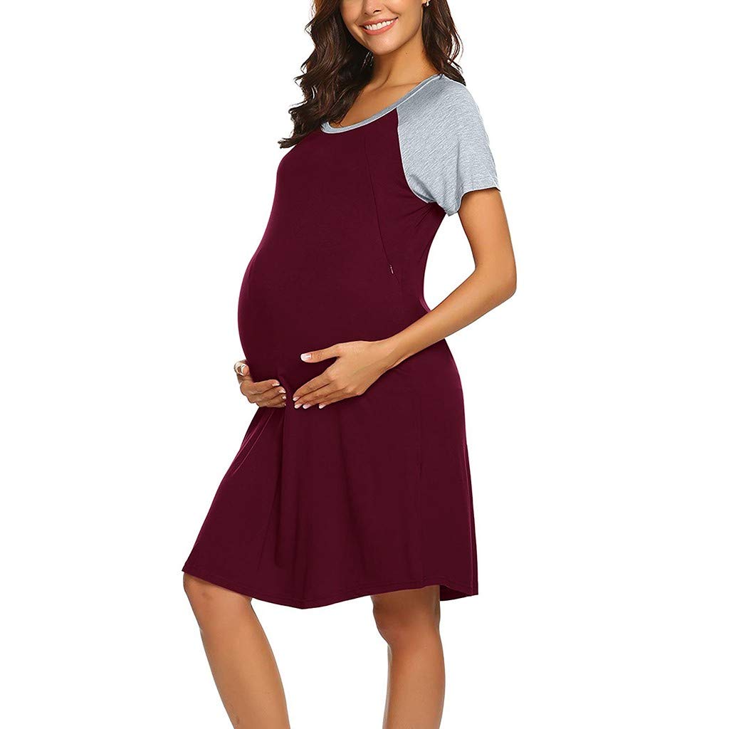 Stillnachthemd Geburtskleid Damen Nachthemd mit Stillfunktion Stillkleid Langarm Umstandsnachthemd Mutterschaft Umstandskleid mit Leiste Geburtshemd Nachthemd für Schwanger