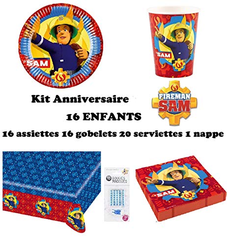 Kit Sam Le Pompier 16 Enfants Complet Anniversaire (16 Assiettes, 16 gobelets, 20 Serviettes, 1 Nappe + 10 Bougies Magiques offertes) fête Nouveauté 2019