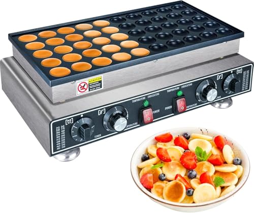 Mini Pancake Maker Machine, 50PCS Electric Nonstick Dutch Pancake Maker 1600W, Commercial Muffin Maker with 2 Thermostats & 2 Timers Separate Control for Home Restaurant (30D×53W×17H cm)