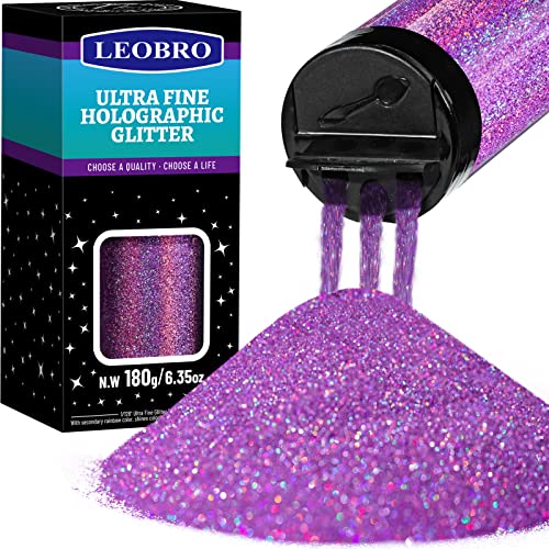 LEOBRO Purple Glitter, 180G/6.35OZ Holographic Ultra Fine Glitter for Resin, Crafts, Tumblers, Nail Body, Holographic Light Purple