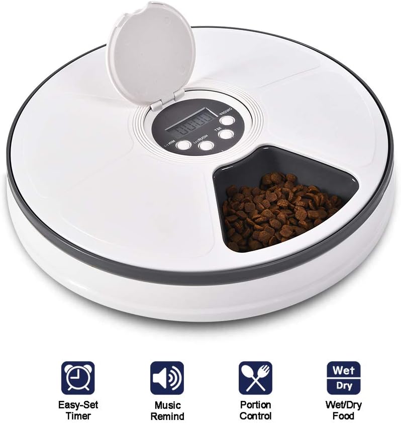 XIAPIA Automatic Pet Feeder with Timer for Cats & Dogs, Suits Dry or SEMI Food for Kitten & Puppy, Portion Control, Dishwasher-Safe 2oz x 6-Meal (Pet-Feeder)