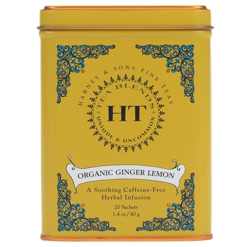 Image of Harney & Sons HT Organic Ginger Lemon Herbal Tea, 20 Sachets in Tin | Organic herbal tea with ginger root, lemon peel and black pepper. Naturally caffeine free.