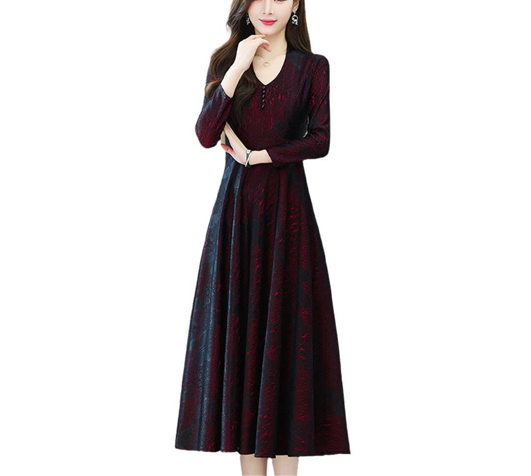 Abito midi con scollo a V a maniche lunghe in pizzo con stampa rossa Primavera Autunno Vintage Causale Abiti da festa, Bordeaux, XXL