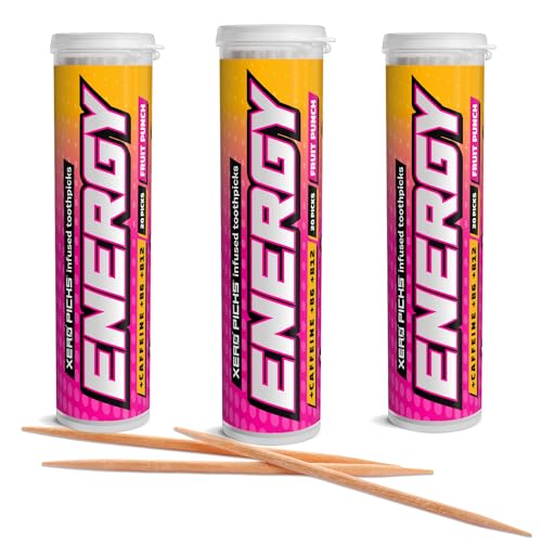 Image of Xero Picks Energy Caffeine Flavored Toothpicks B12 for Focus & B6, 60 Picks (Pack of 3) (Fruit Punch) Sugar-Free Alternative to Energy Mints & Gum - Kosher