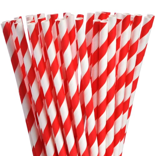 ALINK 100 Red Striped Paper Straws, 7.75 Inch x 0.25 Inch Party Straws