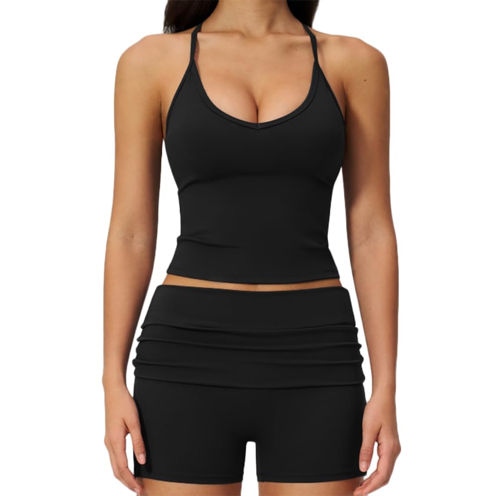 XYFfybhsd Women's Breathable Lightweight Yoga Sports Wear Tank Top Two Piece Gym Jogging Biker Shorts Set (Size:M,Color:Black)