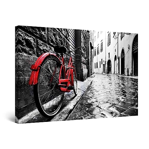 Startonight Quadro su Tela Bianco e Nero Bicicletta Rossa, Stampe Incorniciato e Pronta da Appendere Design Moderno Arredamento Arte Fotografia Grande Formato 60 x 90 cm Luminoso al Buio