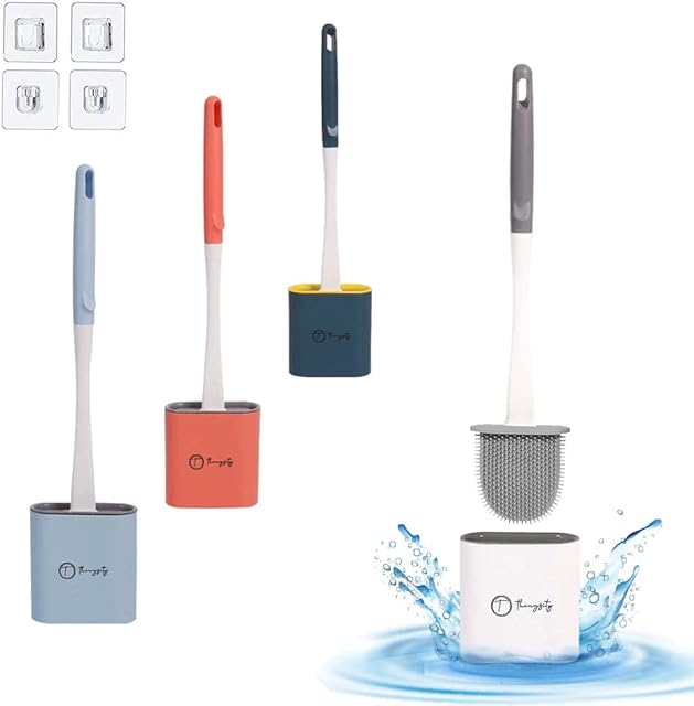 THINGSITY Bathroom Silicone Toilet Brush and Holder Set with Strong Grip Long Plastic Handle (White)