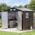 Grovellis 6x8FT Outdoor Metal Storage Shed, Double Door, 1 Clear Window, Tool Shed for Garden, Patio, Backyard Brown