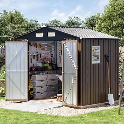 Grovellis 6x8FT Outdoor Metal Storage Shed, Double Door, 1 Clear Window, Tool Shed for Garden, Patio, Backyard Brown