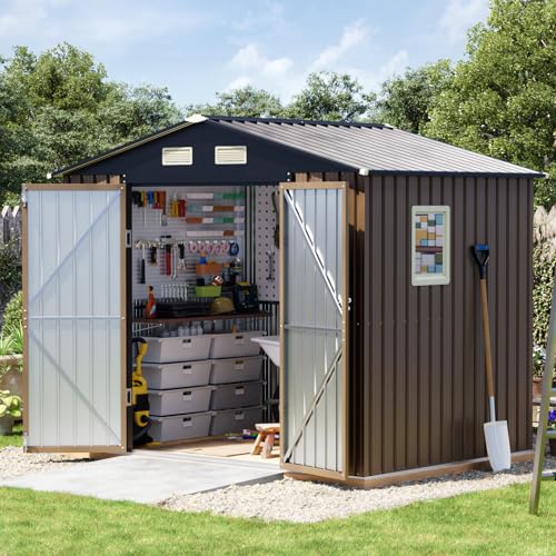 Grovellis 6x8FT Outdoor Metal Storage Shed, Double Door, 1 Clear Window, Tool Shed for Garden,...