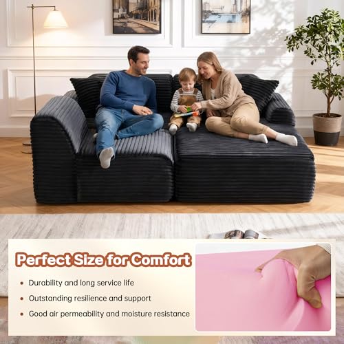 Image of KEIKI 2Seat Modular Boneless Sectional Corduroy Sofa Couch with Chaise for Urban Loft Bedroom Studio Family Friendly Urban Professionals Luxurious Elegant Sophisticated Quality Design Black
