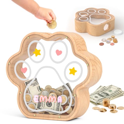 Image of KMC Wooden Piggy Bank for Kids, Natural Cat Dog Paw Coin Bank with Stickers | Small 5-Inch Piggy Bank for Boys and Girls, Cute Nursery Decor, Encourages Saving Habits, Ideal Baby Shower and Birthday Gift