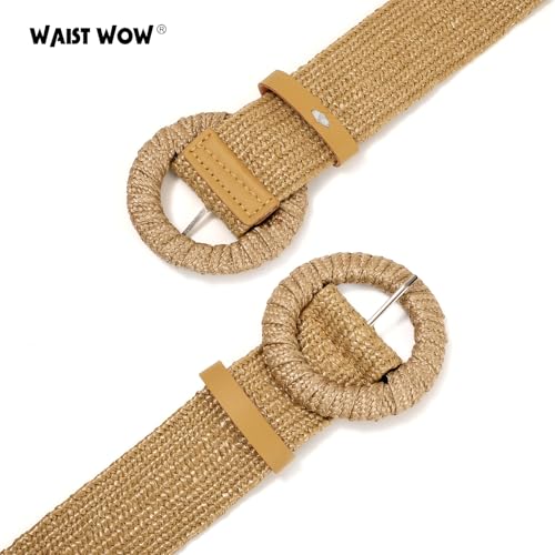 Image of Straw Woven Elastic Belt for Women Stretchy Belts for Dress Fashion Boho Waist Belt Rattan Raffia Ladies Belts