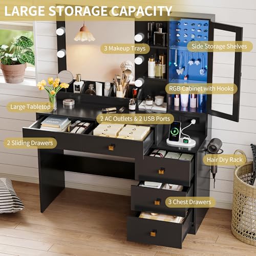 Image of Xixini Vanity Desk with Mirror and Lights, Makeup Vanity Table Set with 5 Storage Drawers, Power Outlet, Small Dressing Table with RGB Ambient Light, Adjustable Brightness for Girls Bedroom, Black