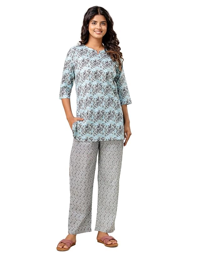 Image of Night Suit for Women Pure Cotton Printed Night Suit Top and Pyjama Set for Women's Night Dress of Shirt & Pyjama Set for Womens Night Dress for Woman