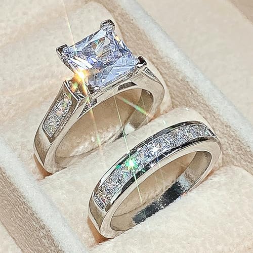Women's Square Diamond Zircon Couple Ring Set - B815 Yellow Gold - Size 64