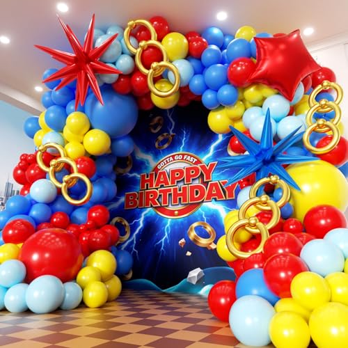 Image of Cartoon Balloon Garland Arch Kit 171pcs with 4D Star Gold Long Balloons, Red Blue Yellow Balloons Arch Kit for Birthday Baby Shower Carnival Circus Hedgehog Super Hero Gamer Theme Party Decor