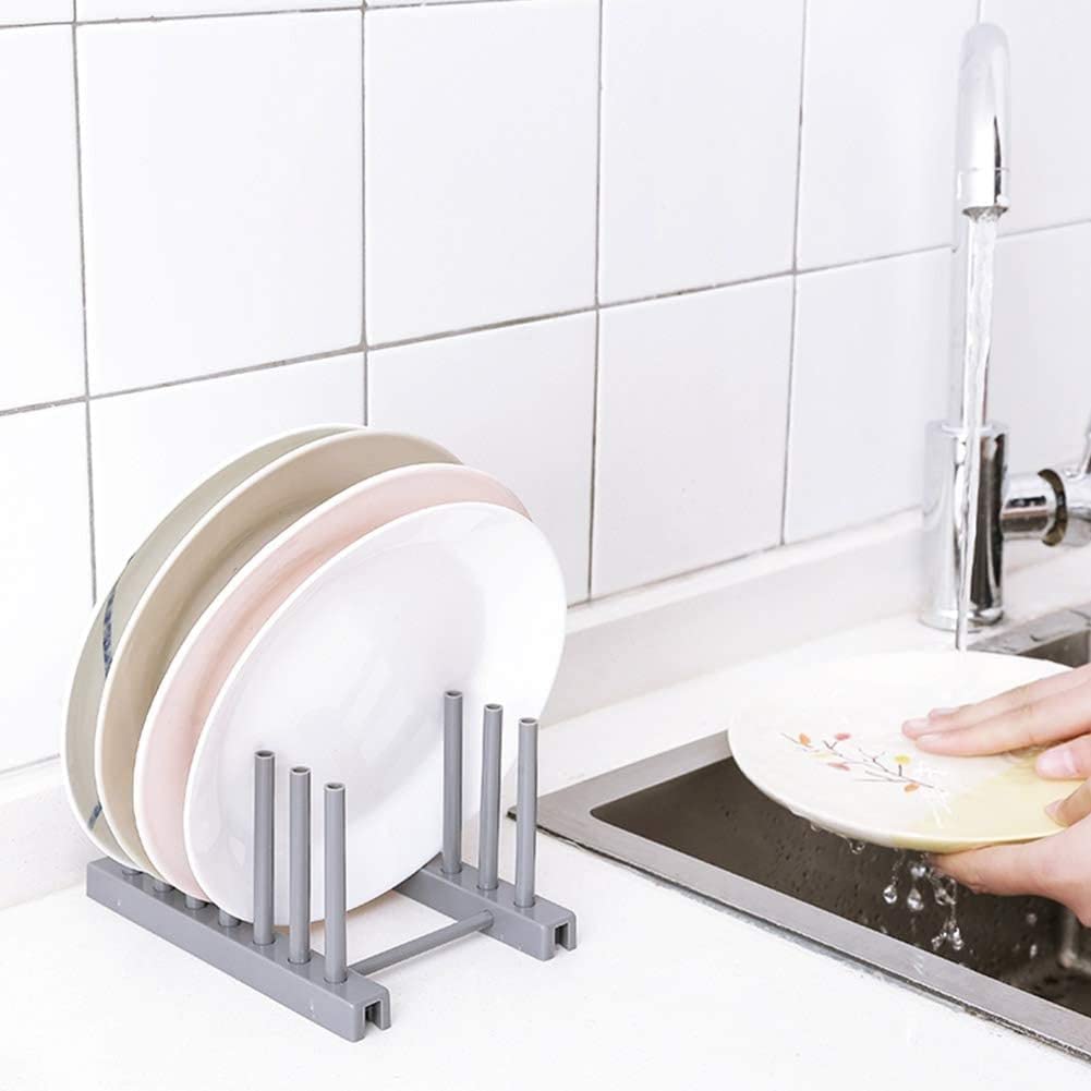 Küchenaufbewahrungsständer aus Kunststoff, für Geschirr, Teller, Schüssel, Tassen, Topfdeckel, Trockengestell, Schneidebrett, Abtropfhalter für Schrank und Arbeitsplatte (grau)