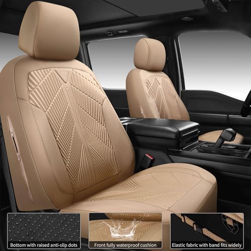Image of CAR PASS Waterproof Car seat Covers Full Sets Neoprene Wetsuit, All-Weather Non-Slip Durable, Universal Fit for SUV Sedans Trucks Vans Automotive, Armrest Airbag Compatible, 3D Emboss All Beige