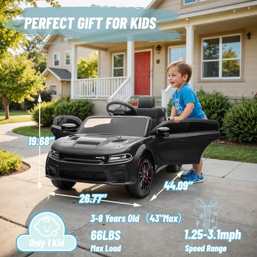 Image of Electric Car for Kids,Licensed Dodge Charger SRT Hellcat Ride on Car,3.1mph Max Speed,12V 7A Kids Electric Vehicle with Remote Control,Music,LED Light,Bluetooth (Black)
