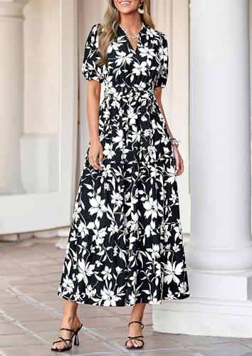 Image of PRETTYGARDEN Women's Summer Boho Floral Maxi Dresses | Bohemian Flower, Short Sleeve V Neck, Fit and Flare, A Line, Flowy Tiered, Belt Pocket, Wedding Guest, Beach Vacation Outfits