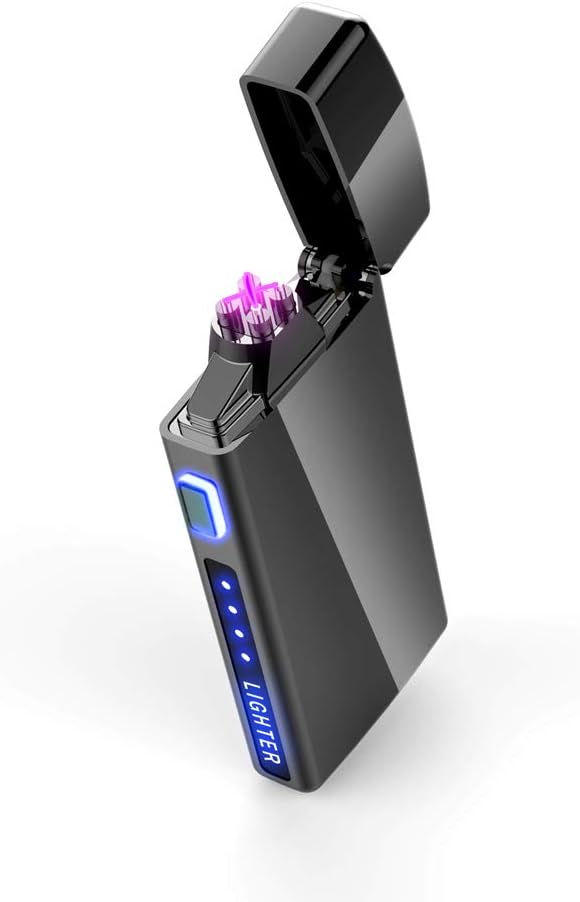 Dual Arc Plasma Lighter with LED Battery Indicator and Box, Rechargeable Windproof Flameless Electric Lighters for Fire Outdoors Camping Hiking Friends